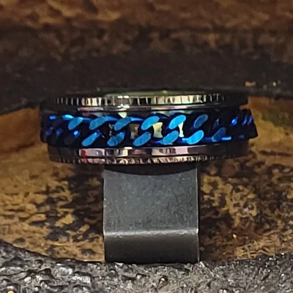 Men's Blue Chain Spinner Promise Ring - Guy's Fidget Ring - Anxiety Ring For Men